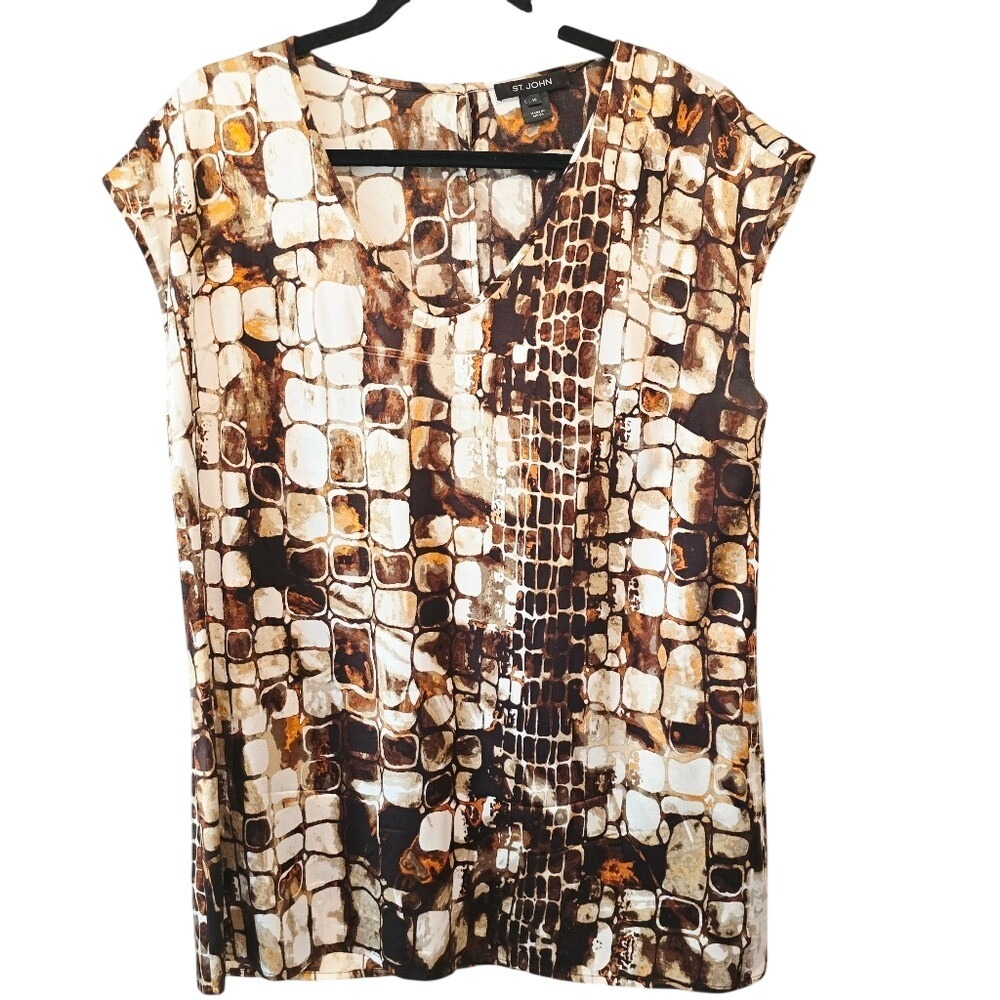 St. John Collection Silk Blend Mosaic Print Cap Sleeve Blouse Brown Tan Size 10